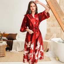Shetelisi 2019 New Arrivals Satin Women Long Bathrobe Chinese Style Printing Robe with Sash sp0098
