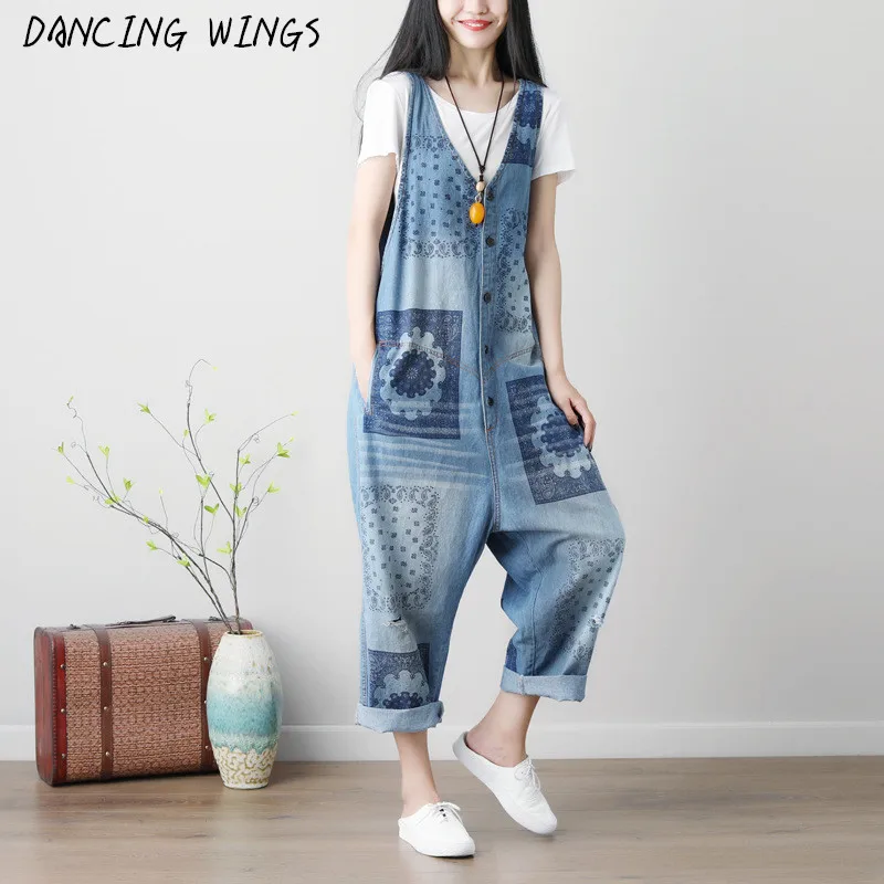 

Spring Summer Sleeveless Jumpsuits Washed Printing Bib Pants Women Overalls Loose Casual Hole Denim Suspender Jumpsuit