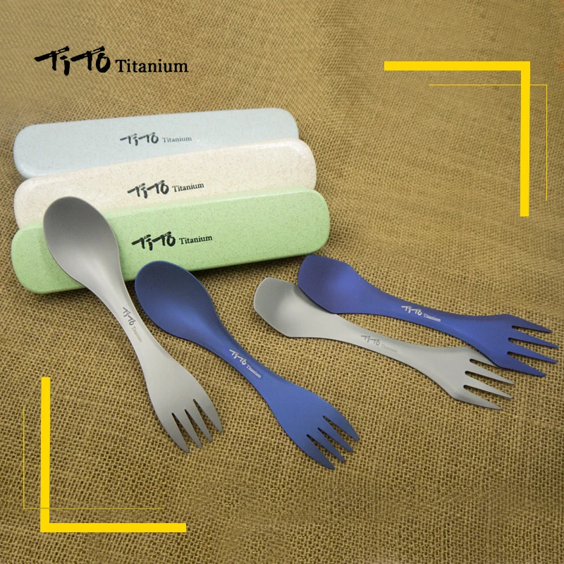 TiTo al aire libre Camping Picnic cuchara de titanio vajilla caja de tenedor de titanio paquete ultraligero puro titanio Spork para regalo