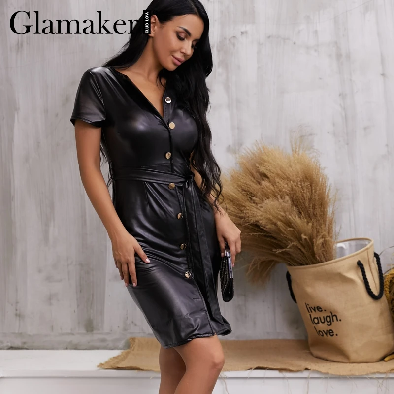 Glamaker, сексуальное облегающее черное платье миди из искусственной кожи, женский желтый пояс, v-образный вырез, летнее офисное платье, элегантное короткое платье на пуговицах для вечеринки