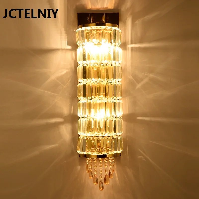 

2017 Modern Crystal Wall Lamp Chinese Hotel Villa Bedroom Restaurant Lamp European Crystal Long Strip Living Room Wall Lamp