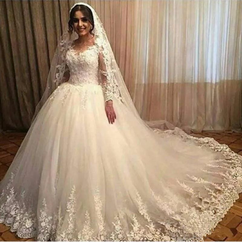 Vestidos De Noiva Тюлевое кружевное свадебное платье es 2019 с длинным рукавом 3d-цветочное бальное платье невесты платье старый по выбору