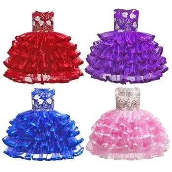 

Girl Princess Dress Elegant Bouffant Floral Decor Sleeveless O-neck Dresses Children Festival Party Pink Purple Burgundy Blue