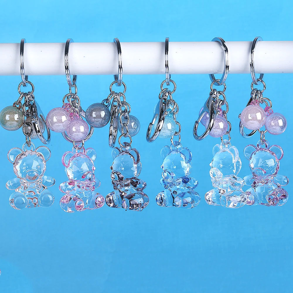 

Creative Cartoon Cute Animal Transparent Crystal Bear Keychains Women Jewelry Plastic Ball Beads Keyring Car Pendants Key Chains