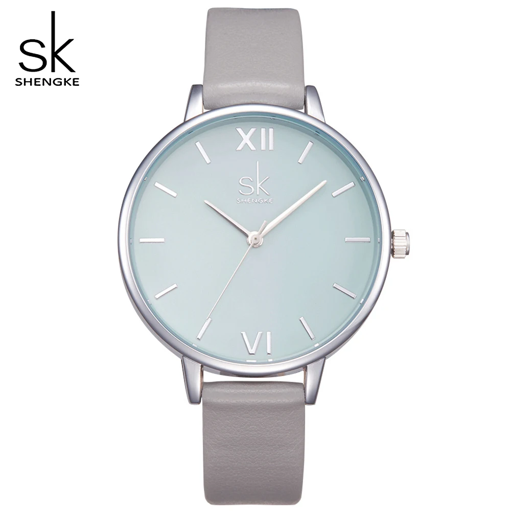 

Shengke Women Fashion Leather Strap Wristwatch Grey Elegant Quartz Dress Ultra Slim Casual Ladies Clock