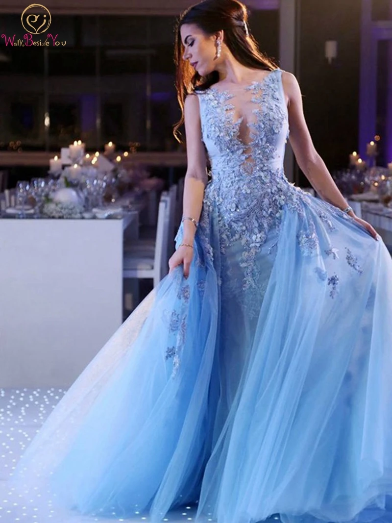 

Illusion Blue Appliques Lace Long Evening Dresses 2019 New A-line Scoop Neck Floor Length robe de soiree Formal Party Prom Gowns