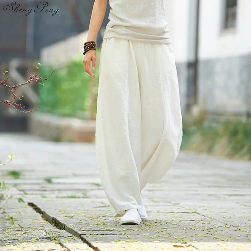 Льняные женские брюки, льняная одежда для женщин, эластичная резинка на талии, Удобные однотонные широкие белые льняные брюки, свободный размер Q331