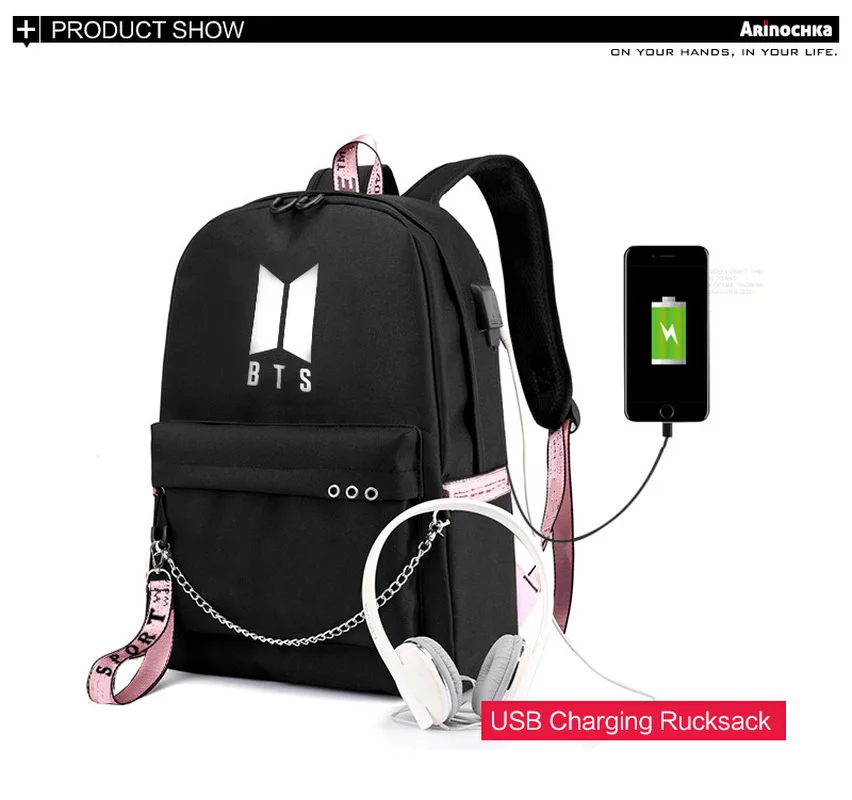 

2019 Fashion BTS Bangtan Boys Letter Backpack LOVE YOURSELF USB Charging Travel Bag for Teenager Girls Ribbon Chains Schoolbag