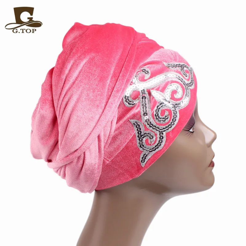 Женский великолепный украшенный блестками длинный бархатный тюрбан хиджаб платок роскошный головной убор женский тюрбан