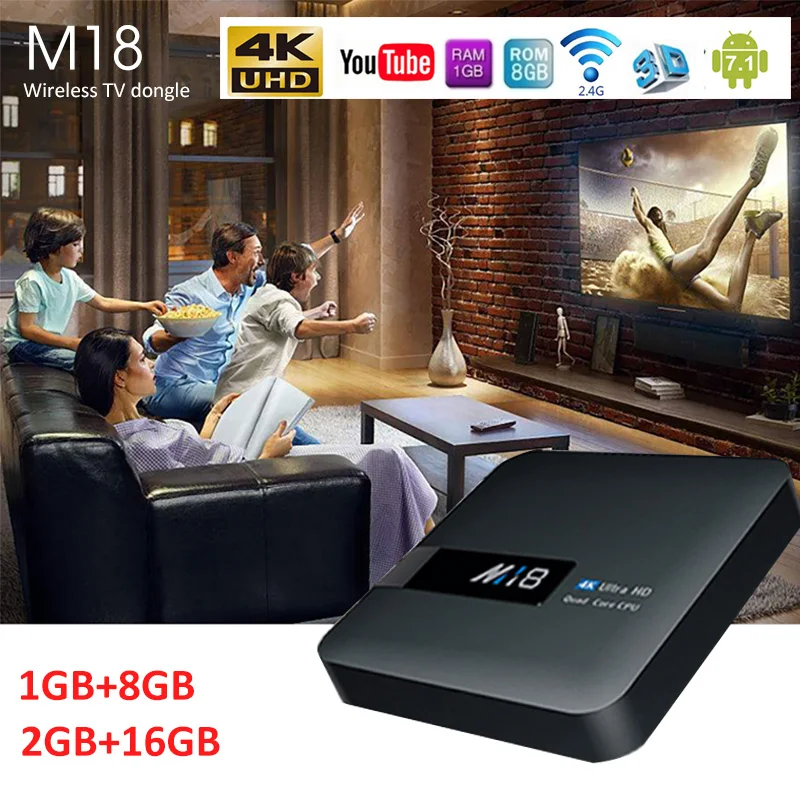 

M18 Android 7.1 Smart TV Box S905W 2+16G Bluetooth WiFi STB HD Smart Media Player HDMI AV Video Output Support DLNA TF-Card