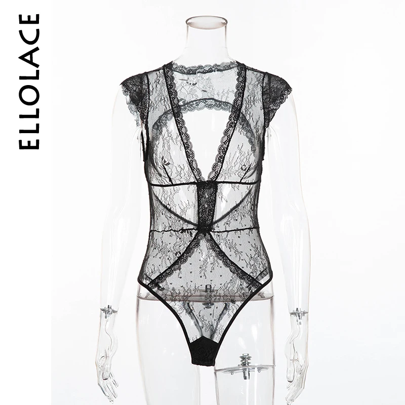 Ellolace الدانتيل شبكة ارتداءها مثير النساء الجوف خارج عارية الذراعين Bodycon أسود أبيض بذلة الإناث وزرة السيدات الدمى داخلية