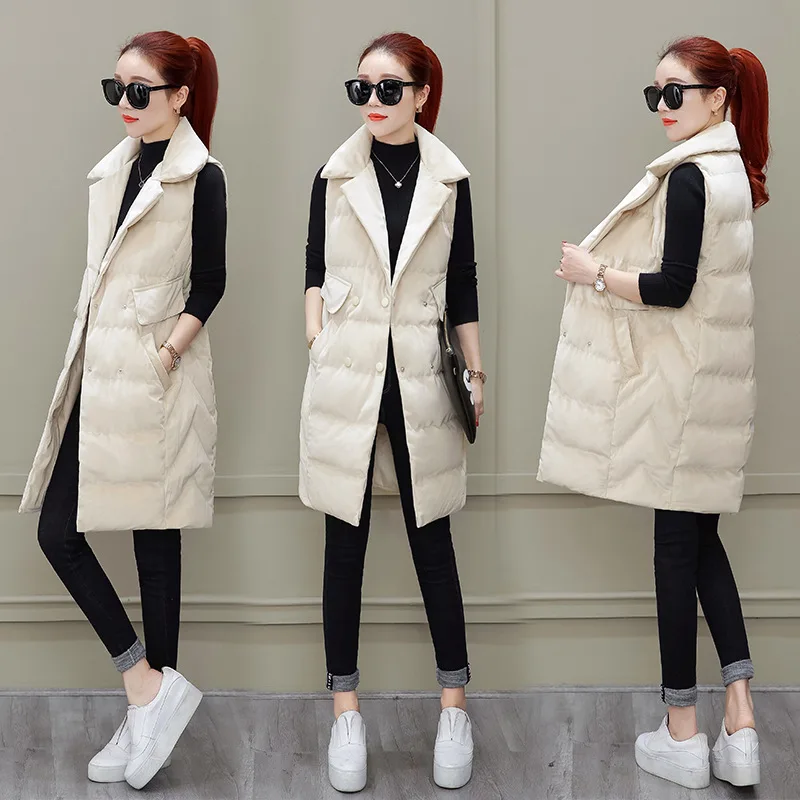 

Casual Solid Long Vest Women Turn-down Collar Sleeveless Office Jacket Double Breasted Woman Winter Coats and Jackets