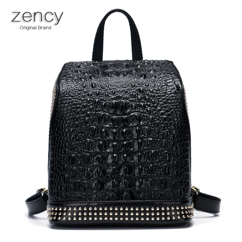 ZENCY Famous Brands Crocodile Pattern Backpack Genuine Leather Second Layer Cowhide Nappa Leather Women Backpack School