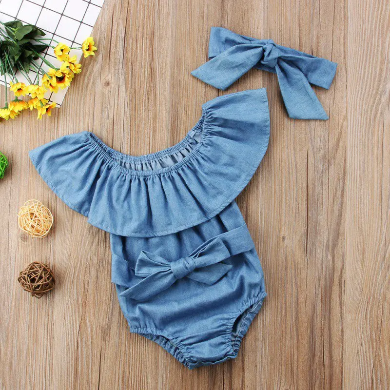 

2019 Summer Newborn Baby Girls Denim Rompers Set Sleeveless Jumpsuit With Headband 0-24M