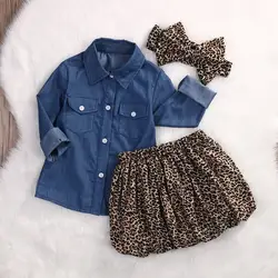 2017 осенний повседневный комплект одежды для маленьких девочек из 3 предметов, джинсовая одежда с длинными рукавами + леопардовая юбка +