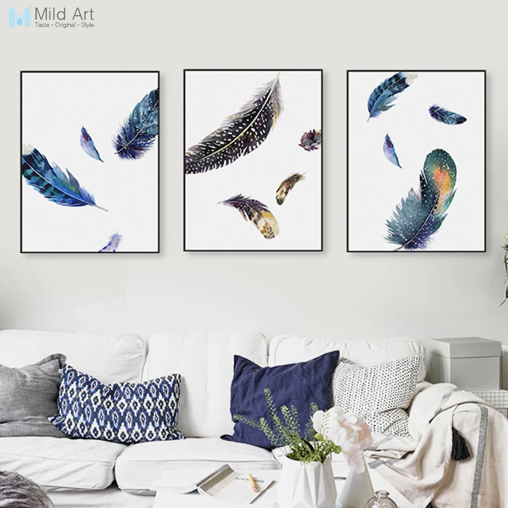 Watercolor Feathers Canvas Poster Nordic Art Painting Home Wall Decor 