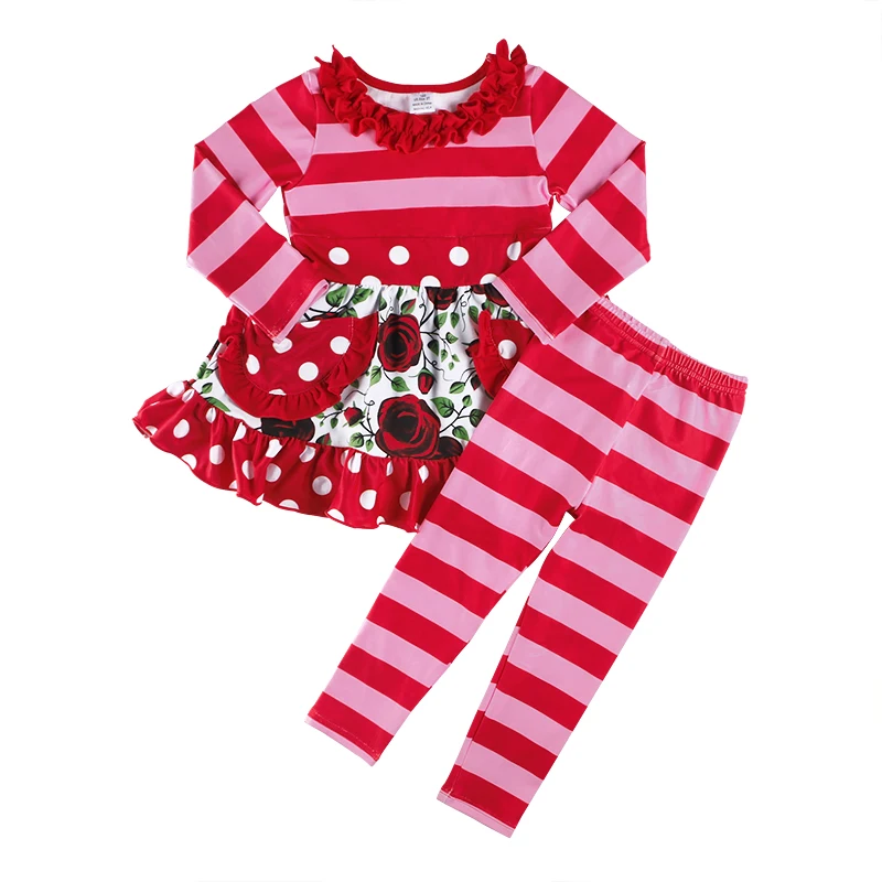US $75.30 Kaiya Angel Boutique Kids Valentines Clothing Set 3M8Y Toddler Girls Floral Long Sleeve TopStriped Trousers Girls Party Suit