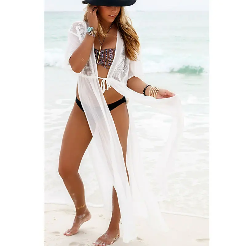 Сексуальное прозрачное парео пляжное платье с запахом прозрачная шифоновая Туника женская летняя пляжная одежда Белое Прозрачное Бикини накидка саронг N353