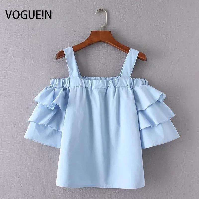 Женская блузка с коротким рукавом VOGUE однотонная светло-синяя оборками