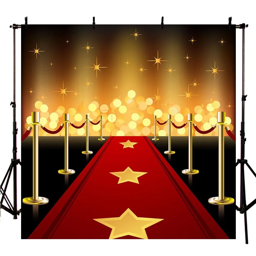 

Vinyl Photography Backdrop Star Red Carpet Center of Hollywood Lights Flashed Adult Birthday Party Decor Backdrop Photo Studio