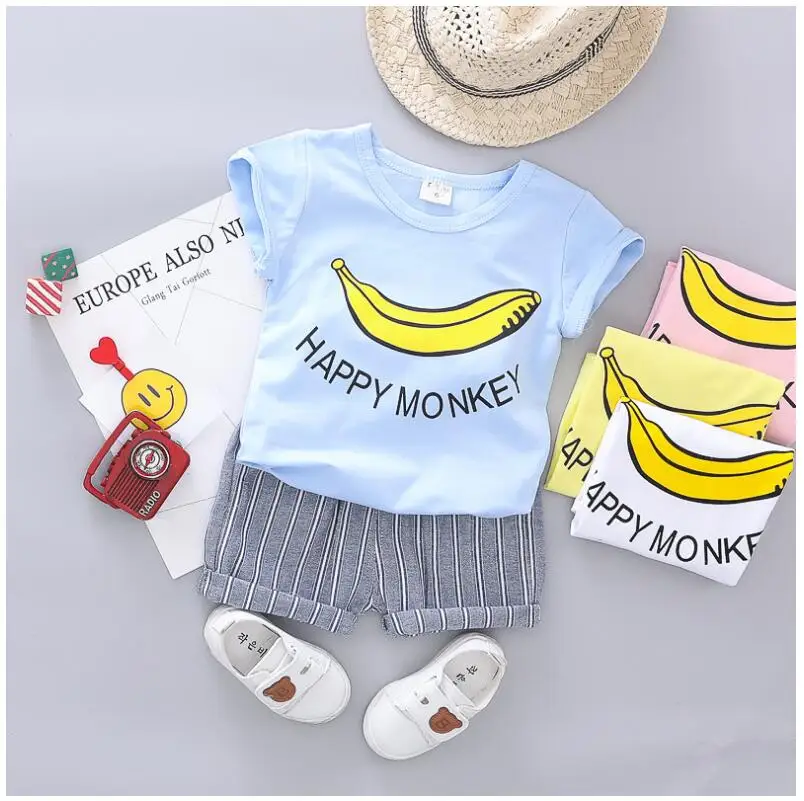 

2019 Summer Toddler Children Clothes Suits Baby Boys Girls Clothing Sets Banana Shirt Striped Shorts Kids Infant Suit