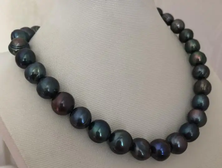 

gorgeous 12-13mm Tahitian black green pearl necklace 18inch 925silver