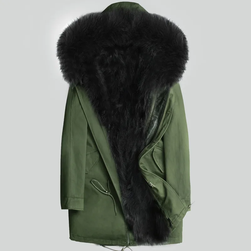 AYUNSUE пальто с натуральным мехом, мужская зимняя куртка, натуральный мех енота, пальто с капюшоном, теплые длинные куртки размера плюс, мужские парки LSY080391 KJ811 - Цвет: Green-black fur