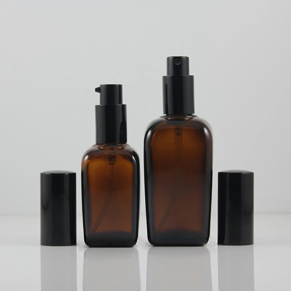 20pcs 50ml amber square Glass lotion Bottle With aluminum black pump