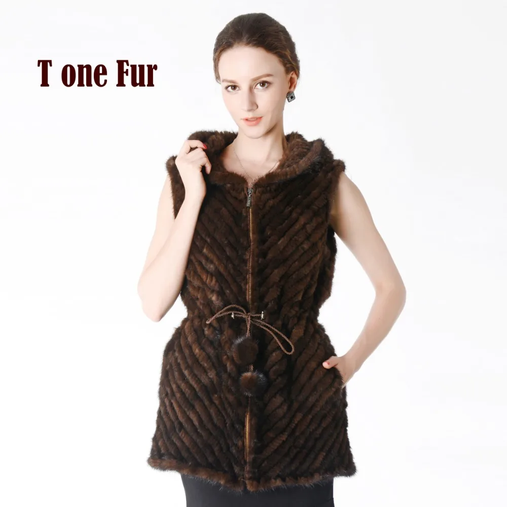 2018 New Knitted Mink Fur Vest with Hood Women Real Mink Fur Gilet