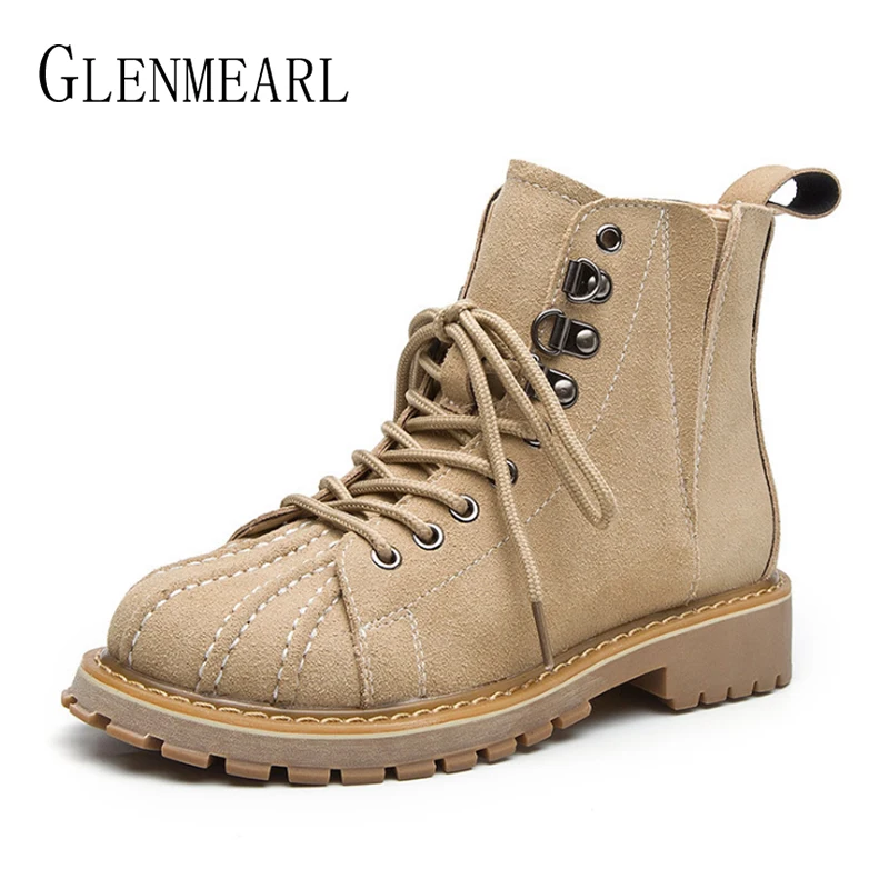 

Women Boots Ankle Winter Shoes Genuine Leather Martin Boots Flat Casual Shoes Woman Thick Heel Lace Up Round Toe Motorcycle Boot