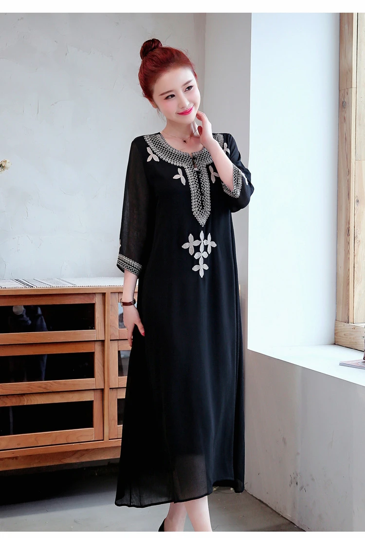Лето 2019 г. вышивка хлопок лен средней длины платье нерегулярные подол Boho Макси длинное платье для женщин короткий рукав элегантный Vestidos