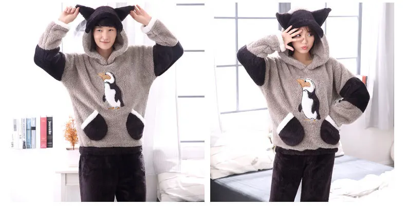 Корейский милый пижамный комплект с пингвином; мягкие теплые комплекты унисекс с капюшоном; домашняя одежда с ушками; зимняя одежда для влюбленных; плотные пижамы с животными