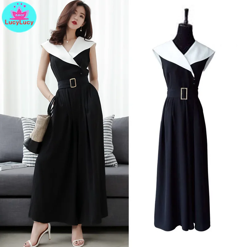 

2019 summer new wild sleeveless OL commuter black and white inlay white-collar women's professional wide-leg jumpsuit