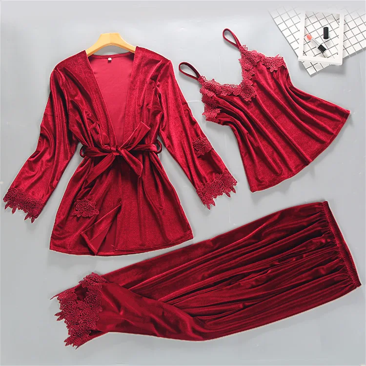 

Casual Womens Velour 3PC Top Long Pants Suit Night Robe Sleepwear Sets V-Neck Pajamas Autumn Winter Nightwear Kimono Bath Gown