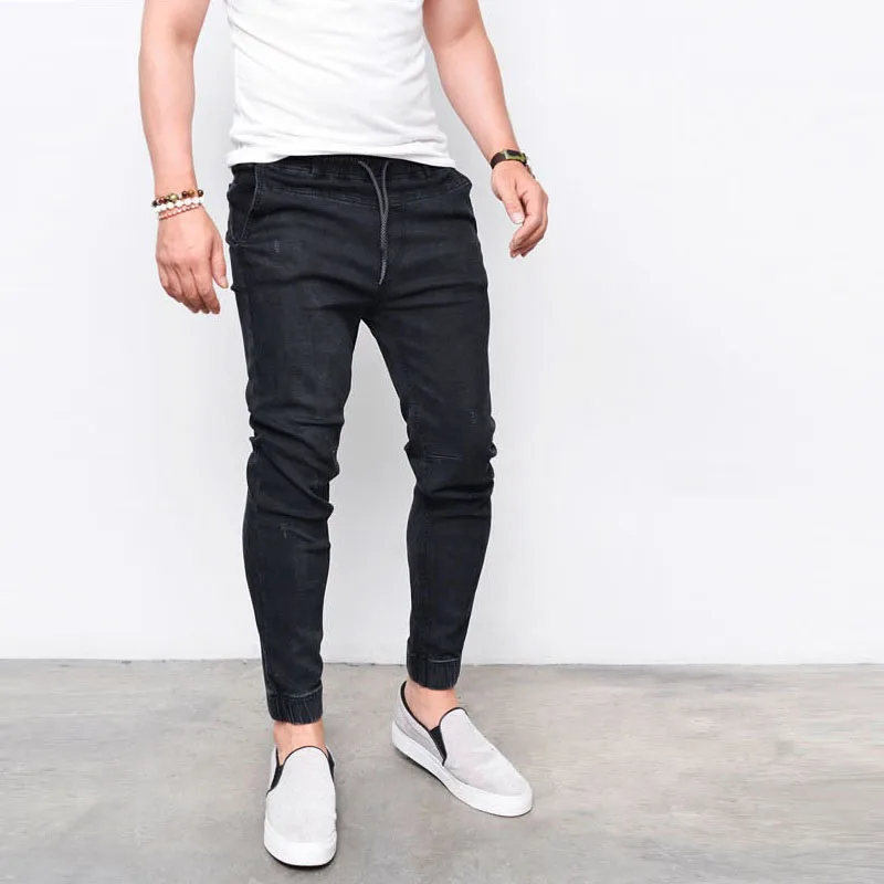 Новая мода Для мужчин шаровары джинсы мыть ноги блестящие джинсовые штаны хип-хоп спортивная эластичный пояс бегунов Брюки