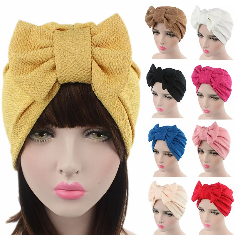 

2018 Fashion Women Big Bow Turban Hat Headdress Bow Knot Bonnet Hat Chemo Hair Cap Soft Snood Hat