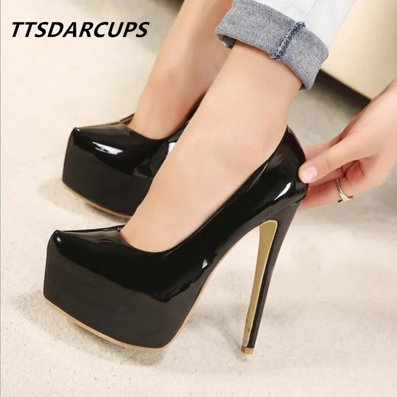 Goedkoop TTSDARCUPS Nieuwe vrouwen schoenen platform hakken Super hoge hak 15 cm sexy Nachtclub pompen Big size 35 44 Estos zapatos zoon mujeres.