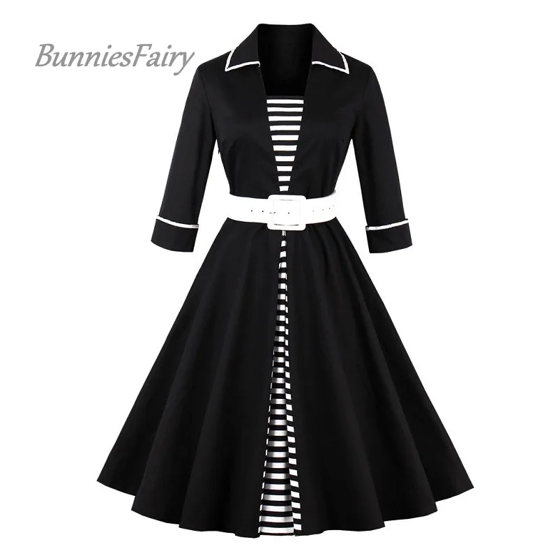 2018 New Arrival Vintage Style Dresses Women Three Quarter Sleeve Print Turn-down Neck Female Elegant | Женская одежда