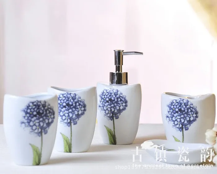 Five Piece Blue Hydrangea Pattern Ceramic Bathroom Set Bathroom Amenities Toothbrush Holder Soap Dispenser Toiletries Ceramic Bathroom Set Toothbrush Holderbathroom Set Aliexpress