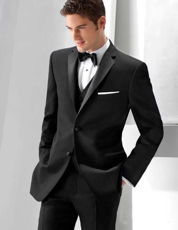 Mens Fashion Slim Suits Jacket+Pant+Vest+Bow Tie Black Mens Skinny Suits  Two Button 3 Pieces Mens Designer Tuxedo