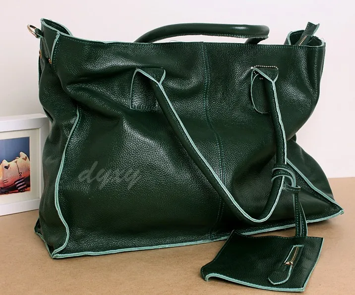 Повседневные женские модные сумки из натуральной кожи на плечо, большие сумки из толстой воловьей кожи, сумка-мессенджер, размер 46*34*18 см - Цвет: Зеленый