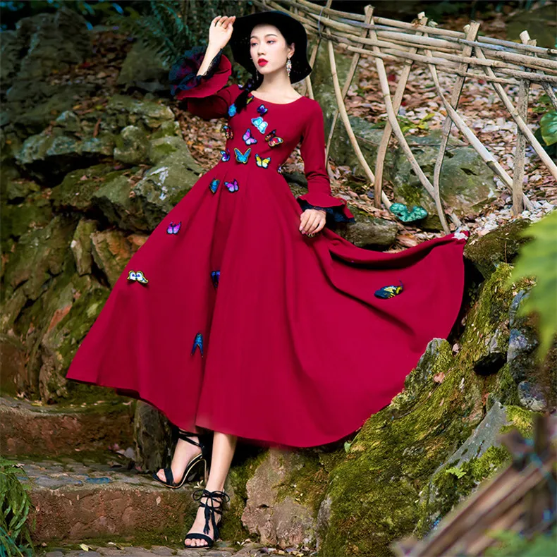

New High Quality Explosions Leisure Vintage color matching Dresses Women embroidery Spring summer Casual Dress