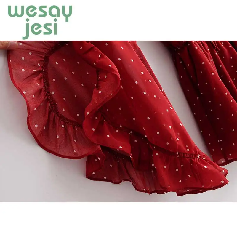 Women Red Bohemian Playsuit Dot Printed Rompers Long Flare Sleeve Jumpsuit Elegant Ruffles Sleeve Chiffon Playsuit Women Red Bohemian Playsuit Dot Printed Rompers Long Flare Sleeve Jumpsuit Elegant Ruffles Sleeve Chiffon Playsuit