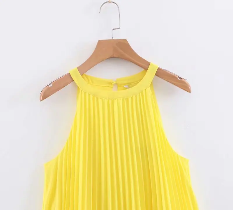 Летнее женское без рукавов желтое плиссированное платье femme hem ruffles halter vestidos