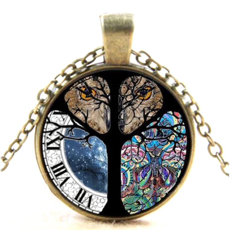 Vintage Statement Women Men Life Tree Owl Necklace Pendant Art Magnifying Glass Cabochon Necklaces Gold Chain Sweater Jewelry