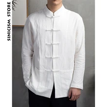 Магазин Sinicism Дизайнерские мужские однотонные рубашки мужские белые рубашки с длинным рукавом из хлопка и льна мужские китайские осенние Рубашки размера плюс