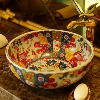 

China Artistic antique Handmade Ceramic wash basin Lavobo Round Counter top bathroom wash bowls round