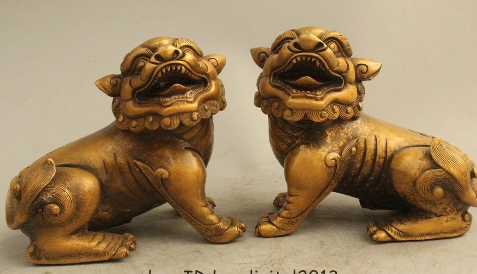 

4"Lucky China Chinese Dynasty Palace Purple Bronze Foo Fu Dog & Lion Statue Pair