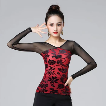 

1920S Latin Dance Tops For Women Black Lace Red Shirt Latin Salsa Standard Ballroom Sexy Dance Stage Costumess Top Wear BL1359
