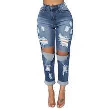 Летние Стильные рваные джинсы женские джеггинсы крутые джинсы с высокой талией женские брюки-Капри обтягивающие синие повседневные джинсы